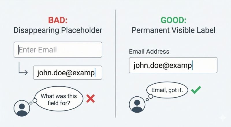 Missing form input placeholders vs. permanent and visible form field labels