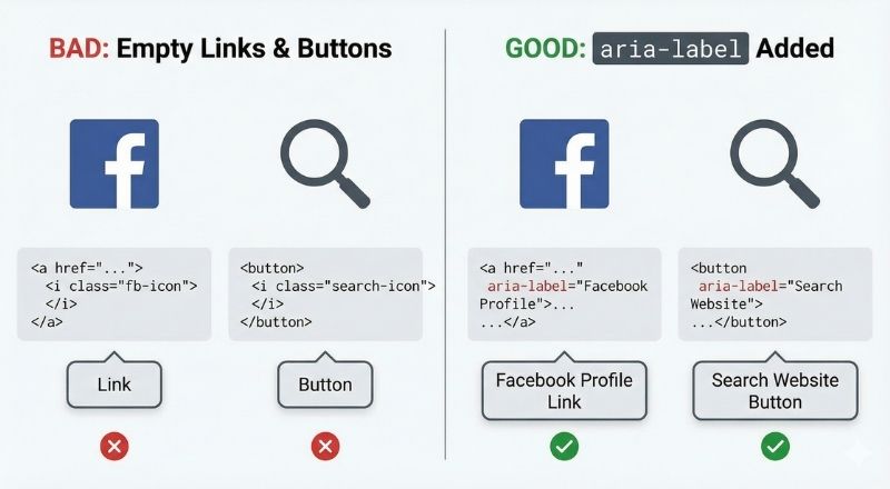 empty links and buttons vs. aria-label added to the code