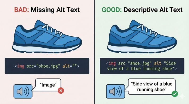 an image that shows the difference between missing alt text and descriptive alt text