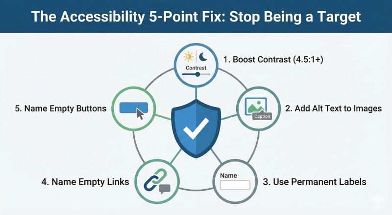 Infographic that shows the 5 most common fixes you can do to make your website more accessible